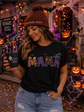 Black Halloween 'MAMA' Graphic Tee - Colorful Letter Print